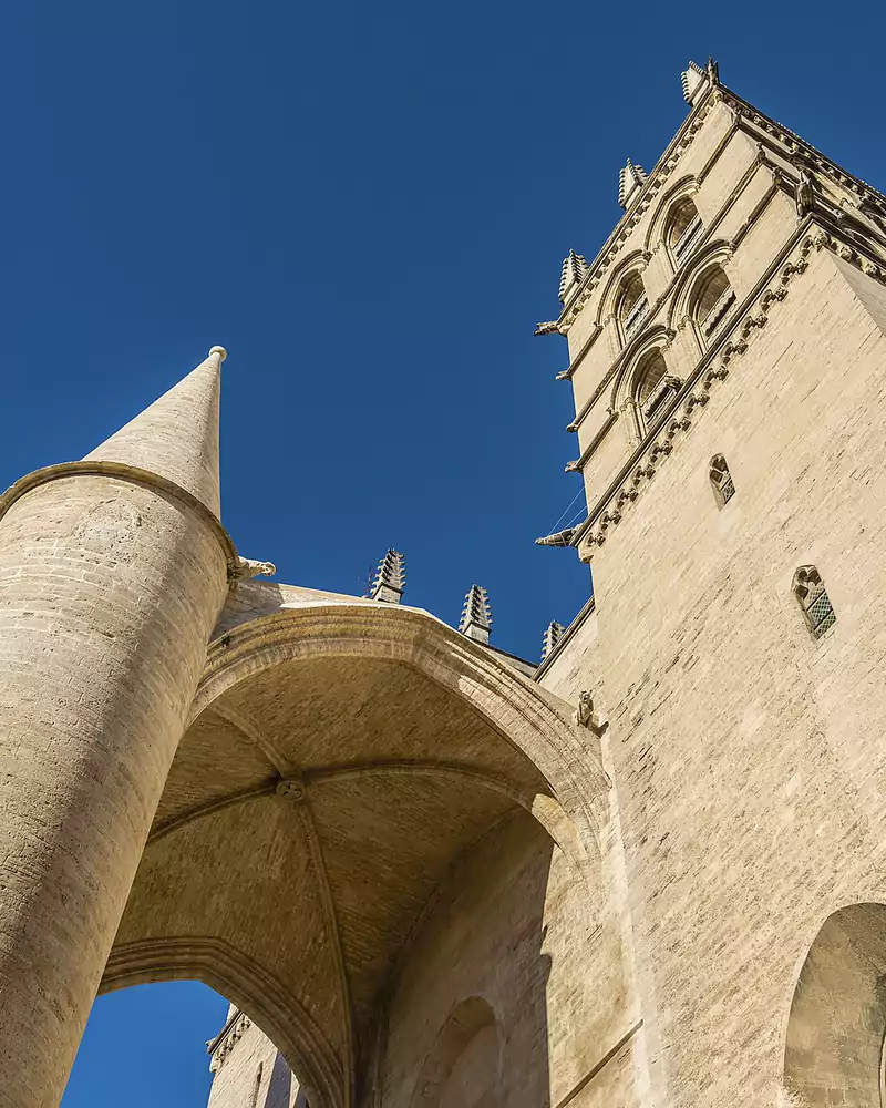 La cathédrale Saint-Pierre de Montpellier, sa tour et un pilier de son porche, sous un ciel bleu